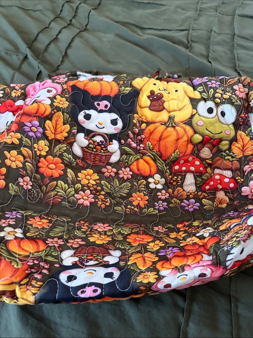 Sanrio Quilted Carrier Bag in Olive Green with Autumn Character Print New Large